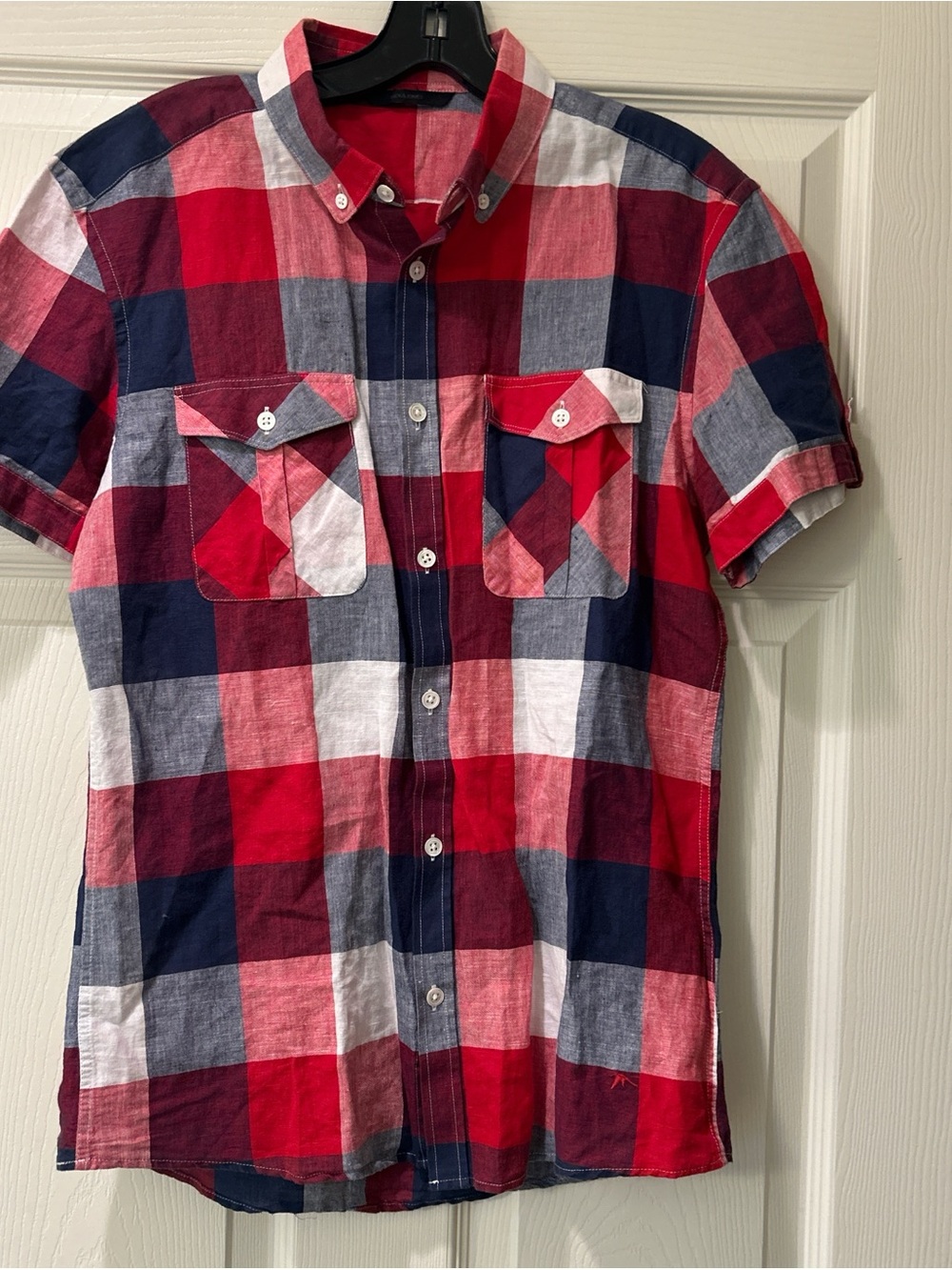 Jack & Jones Red, Navy & White Short-Sleeve Plaid Button-Up Shirt